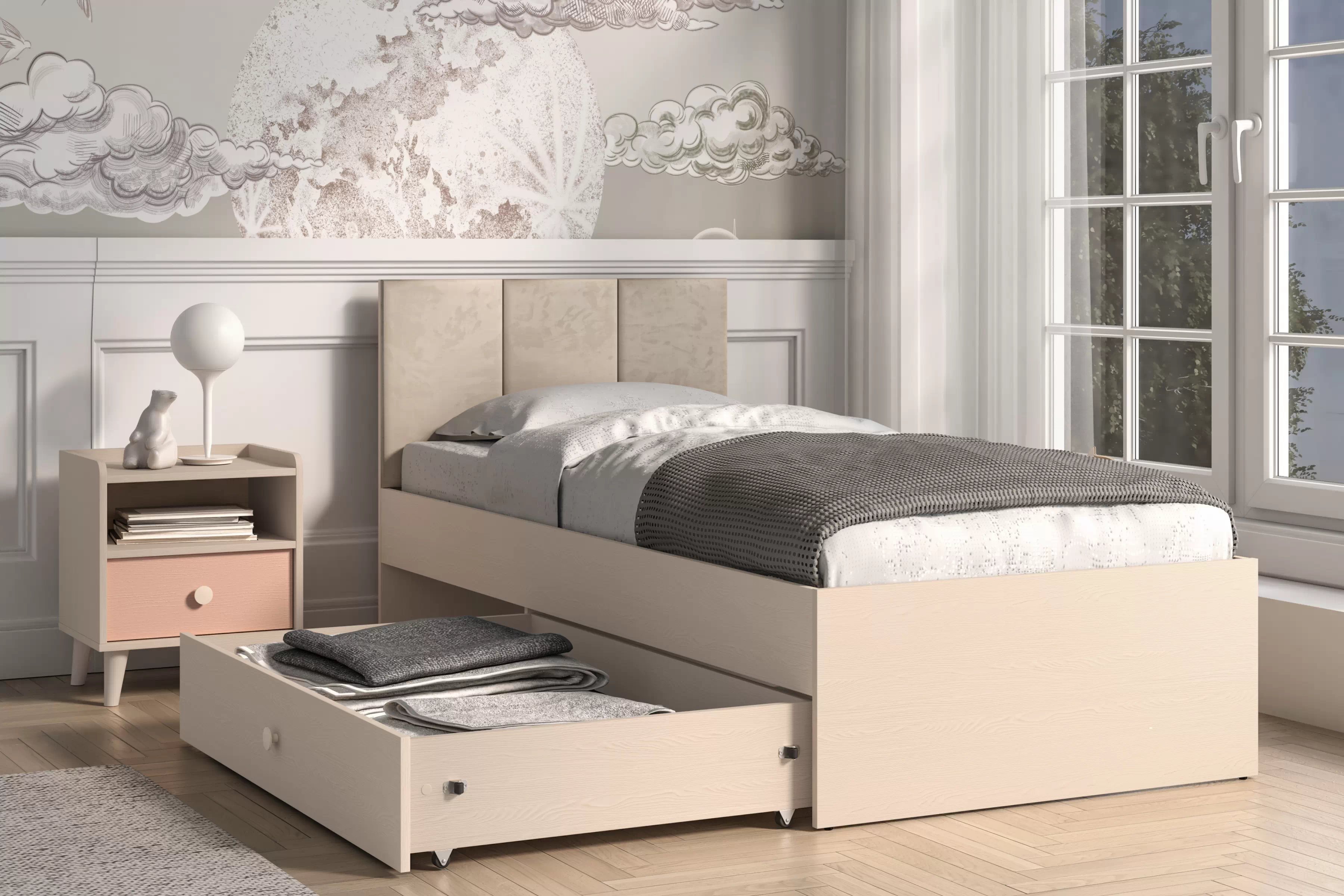 Detská posteľ Marla 90x200 cm - béžový velúr Nice 2 / púštny piesok Posteľ mlodziezowe Marla 90x200 cm - béžový velúr Nice 2 / piasek pustyni