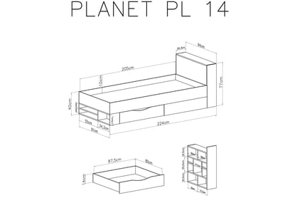 Studentská postel Planet 14 L/P - 90x200 - bílá lux / dub / mořská Mládežnická postel Planet 14 L/P - Bílý lux / Dub / Mořský - schemat