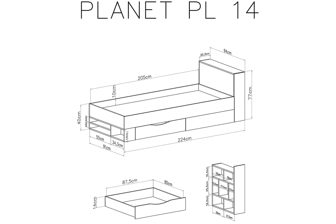 Studentská postel Planet 14 L/P - 90x200 - bílá lux / dub / mořská Mládežnická postel Planet 14 L/P - Bílý lux / Dub / Mořský - schemat