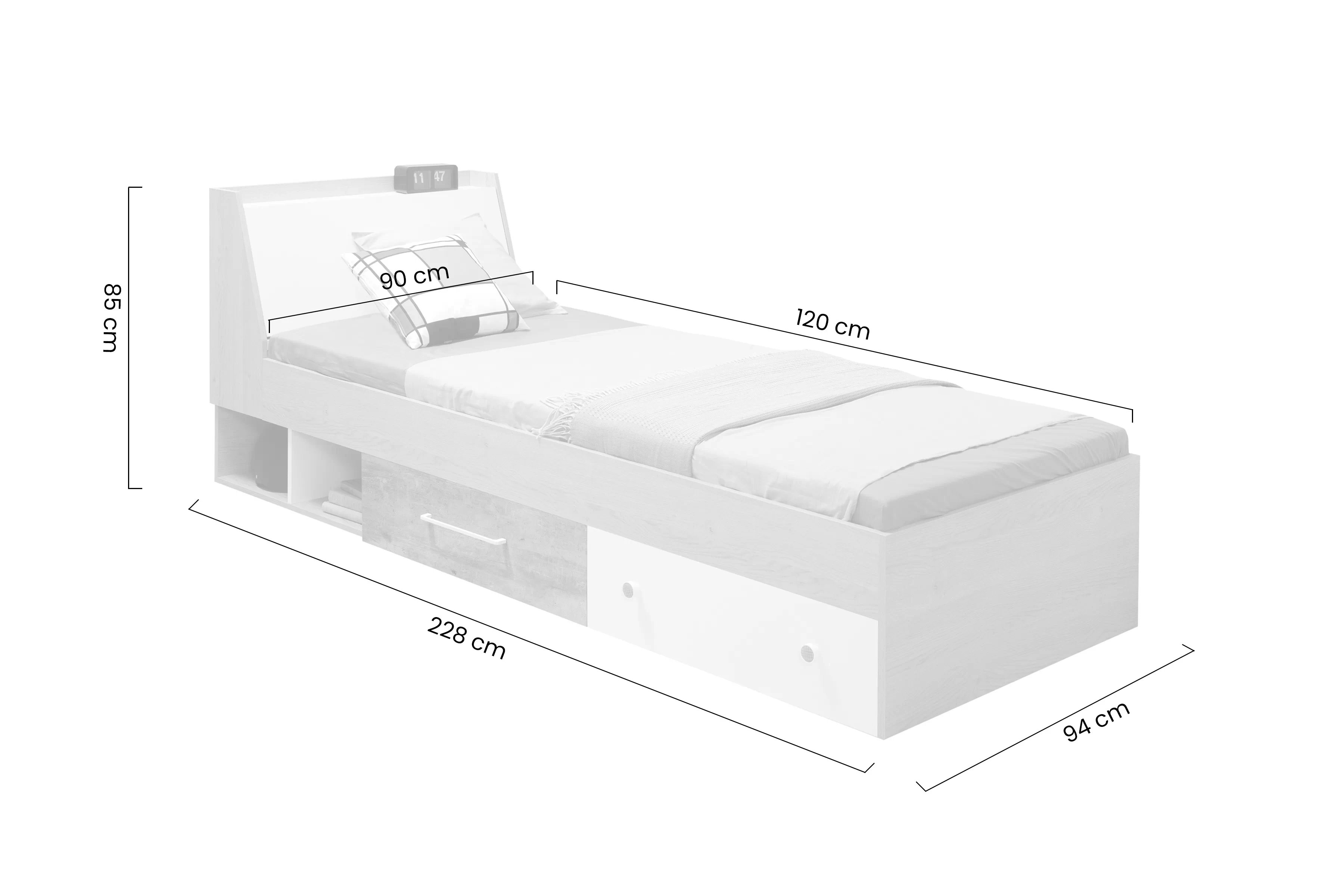 Detská posteľ Step ST11 90x200 s úložným priestorom - dub piškótový / biely lux / betón Posteľ mlodziezowe Step ST11 90x200 so zásuvkami a úložným priestorom - Dub biszkoptowy / Biely lux / beton
