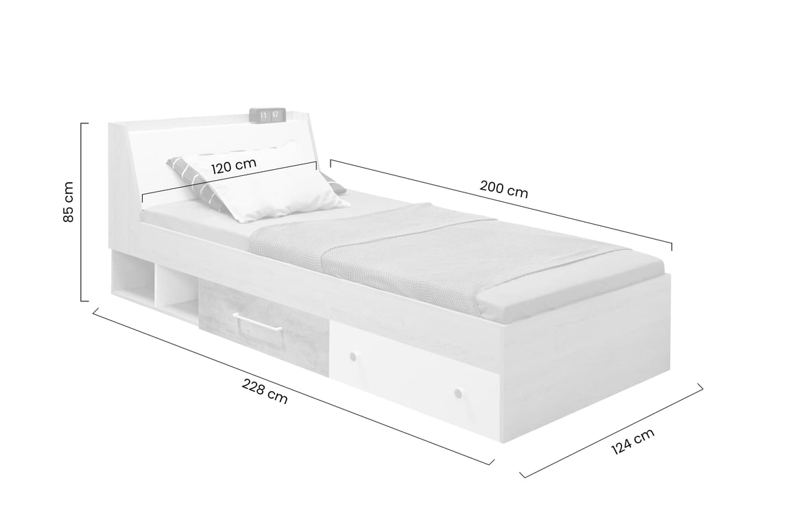 Step ST12 ifjúsági ágy 120x200 cm tárolós fiókokkal - bézs tölgy / fényes fehér / beton szürke Lozko mlodziezowe Step ST12 120x200 fiokokkal i schowkiem - szivacsos tölgy / fehér lux / beton