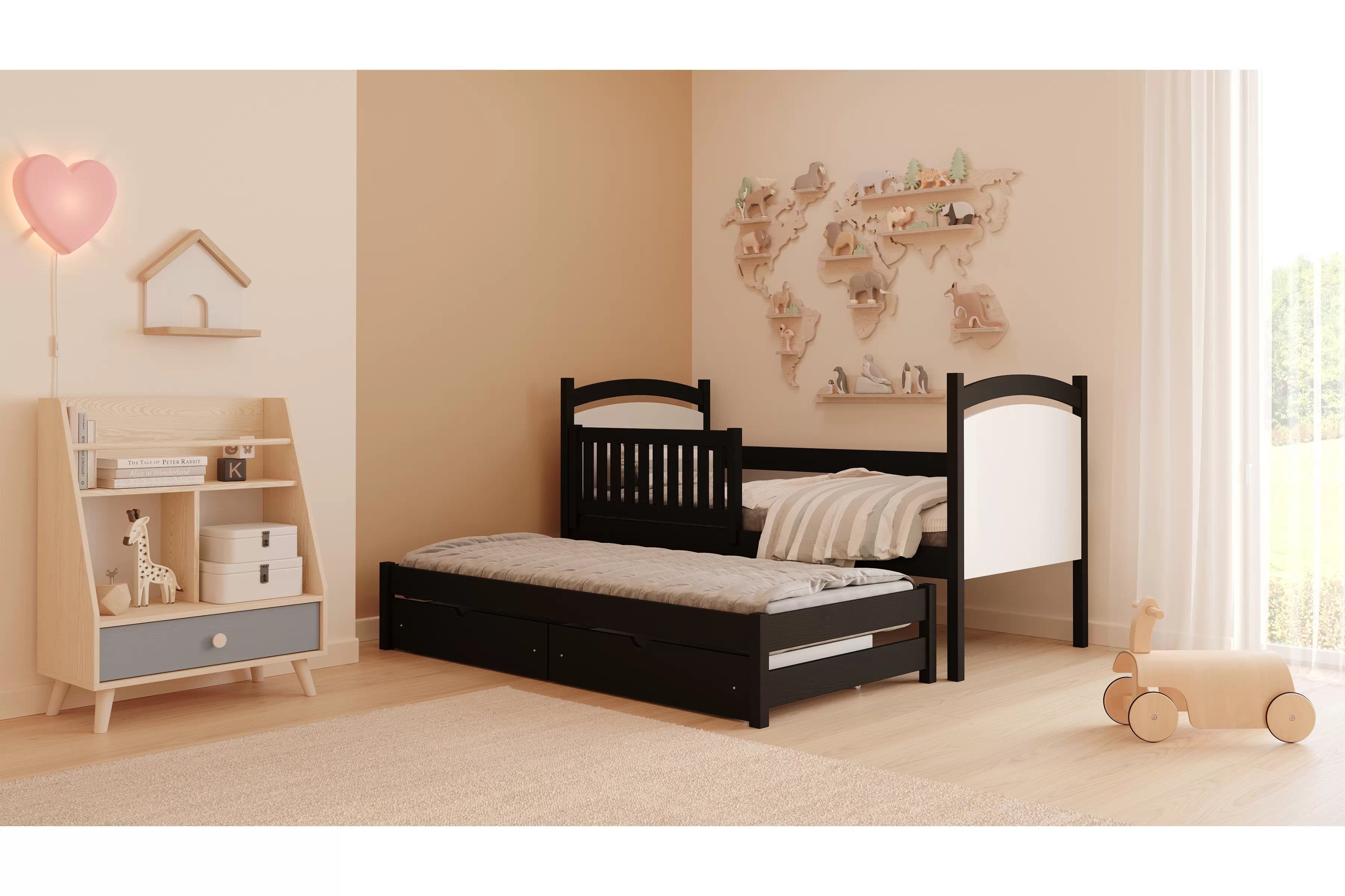 Posteľ Amely s prístelkou a tabuľou stierateľnou za sucha - 80x200 cm - čierna Posteľ prízemná Amely 80x200 výsuvna z tablica suchoscieralna - Čierny