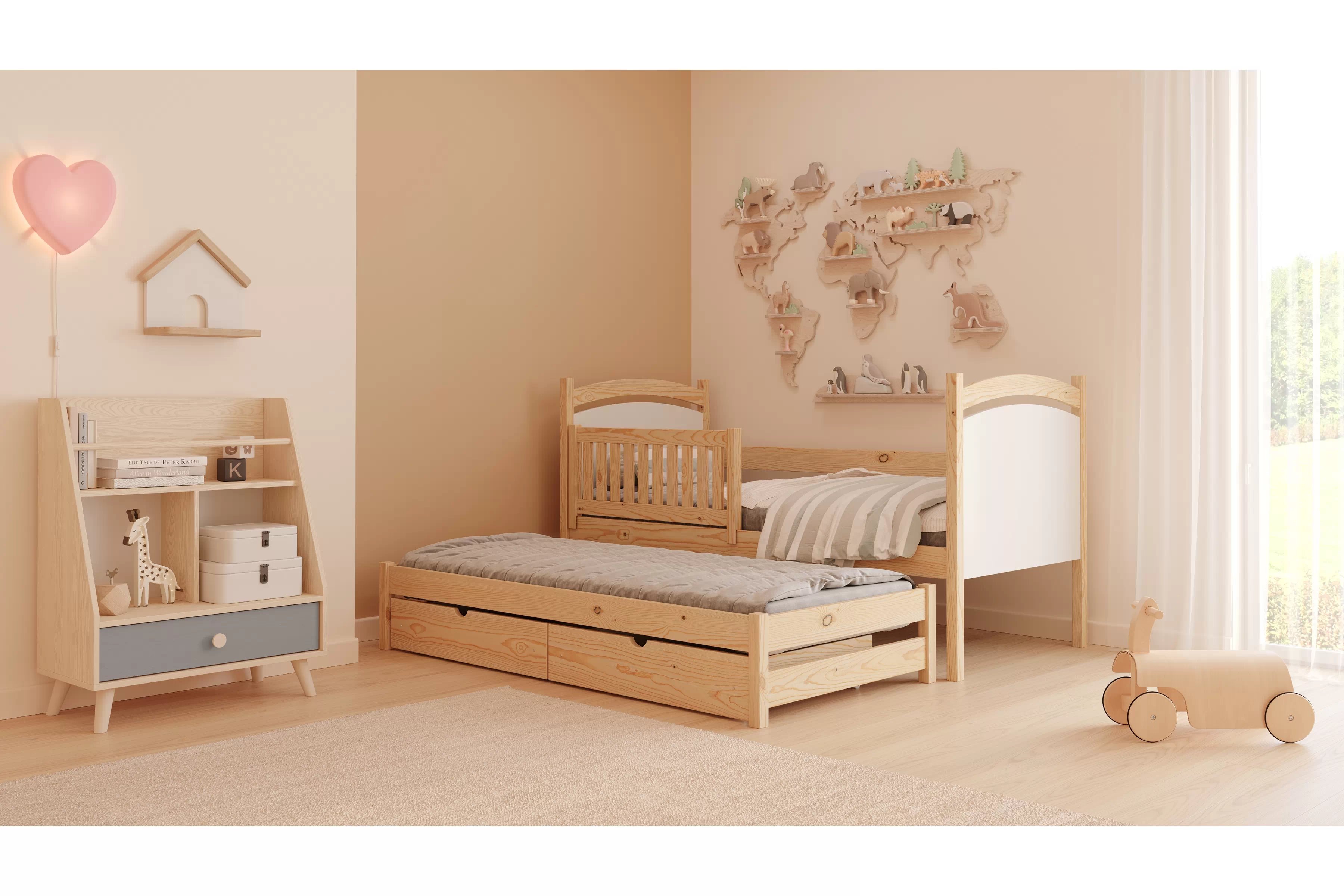 Posteľ s prístelkou s tabuľou Amely - borovica, 90x180 Posteľ prízemná Amely 90x180 výsuvna z tablica suchoscieralna - Borovica