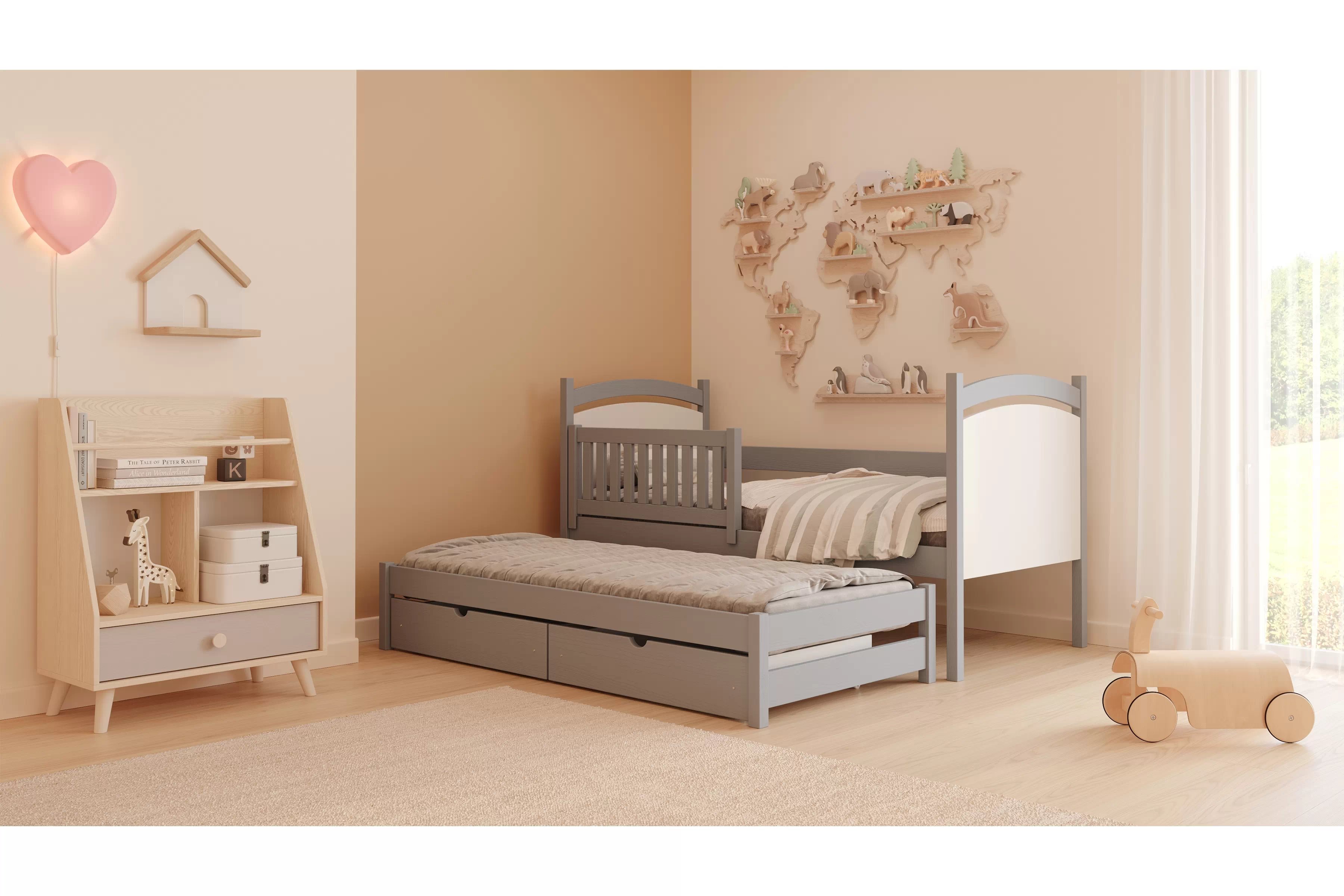 Posteľ s prístelkou s tabuľou Amely - šedý, 90x200 Posteľ prízemná Amely 90x200 výsuvna z tablica suchoscieralna - šedý