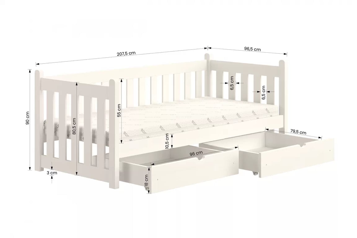 Detská posteľ Swen so zásuvkami - 90x200 cm - biela Posteľ prízemná drevená Swen - wymiar 90x200