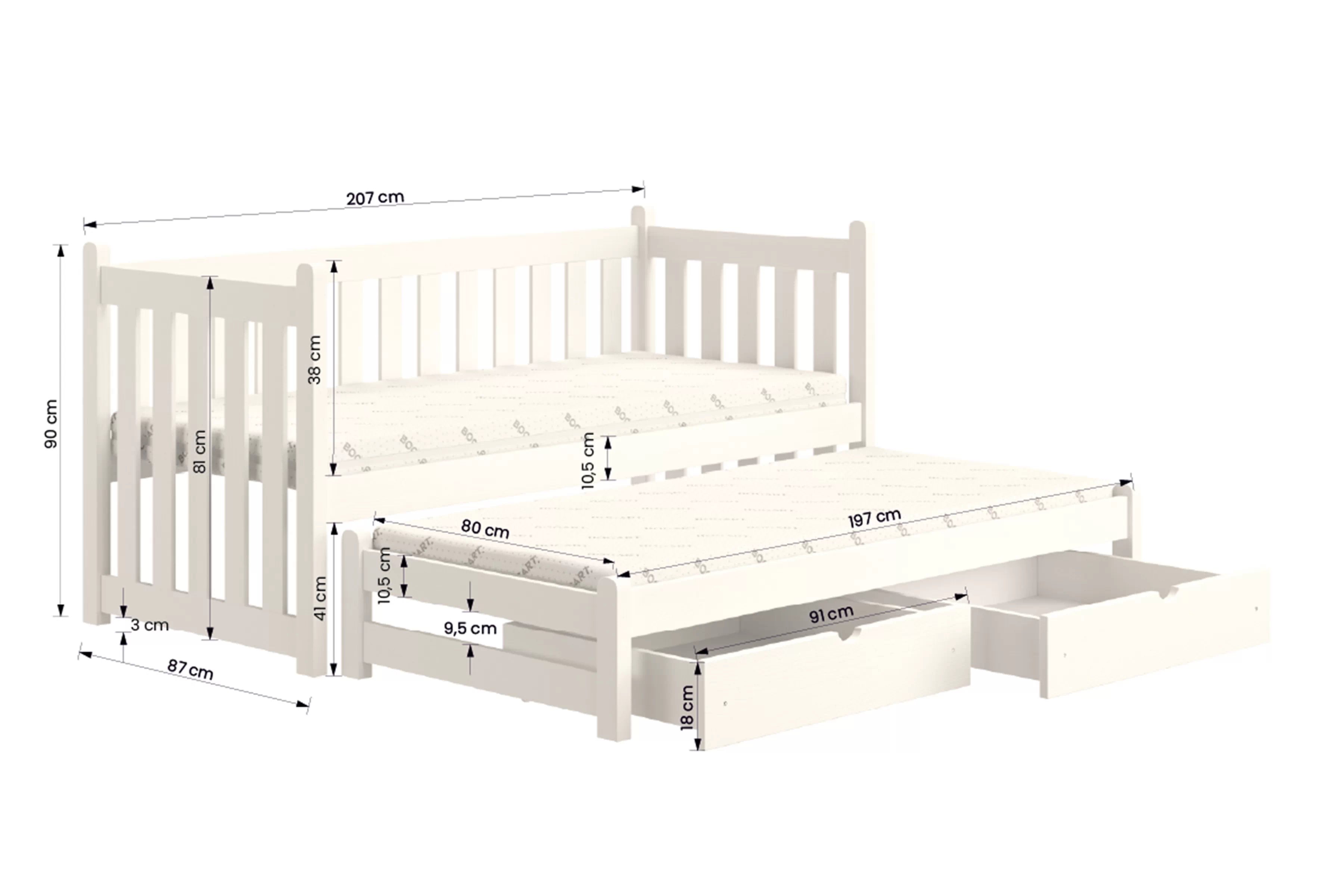 Výsuvná dětská postel Swen 80x200 cm se zásuvkami - bílá Postel přízemní Swen výsuvná se zásuvkami - bílá / 80x200