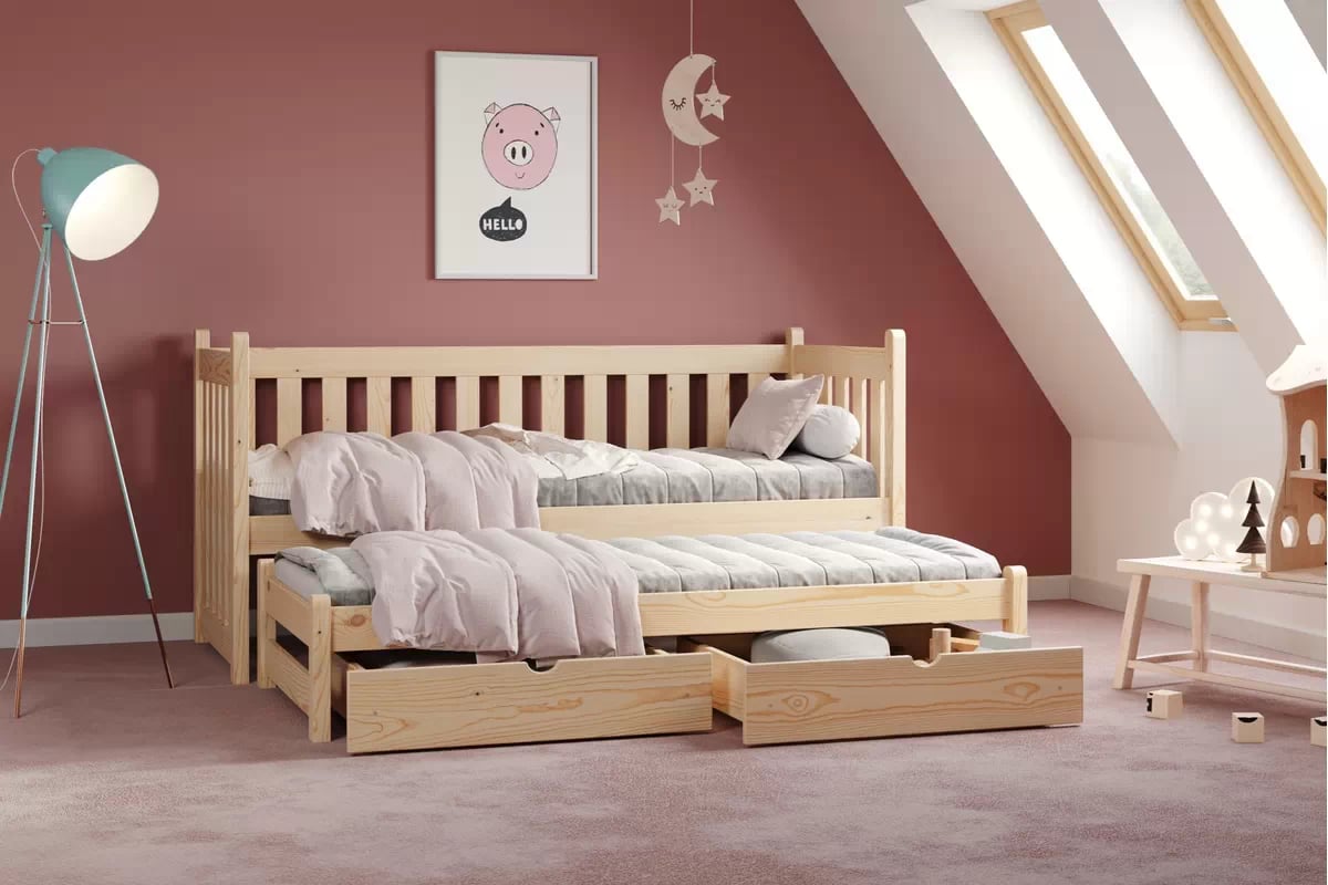 Detská posteľ Swen s prístelkou - 80x160 cm - borovica Posteľ prízemná výsuvna Swen - Farba Borovica - vizualizácia