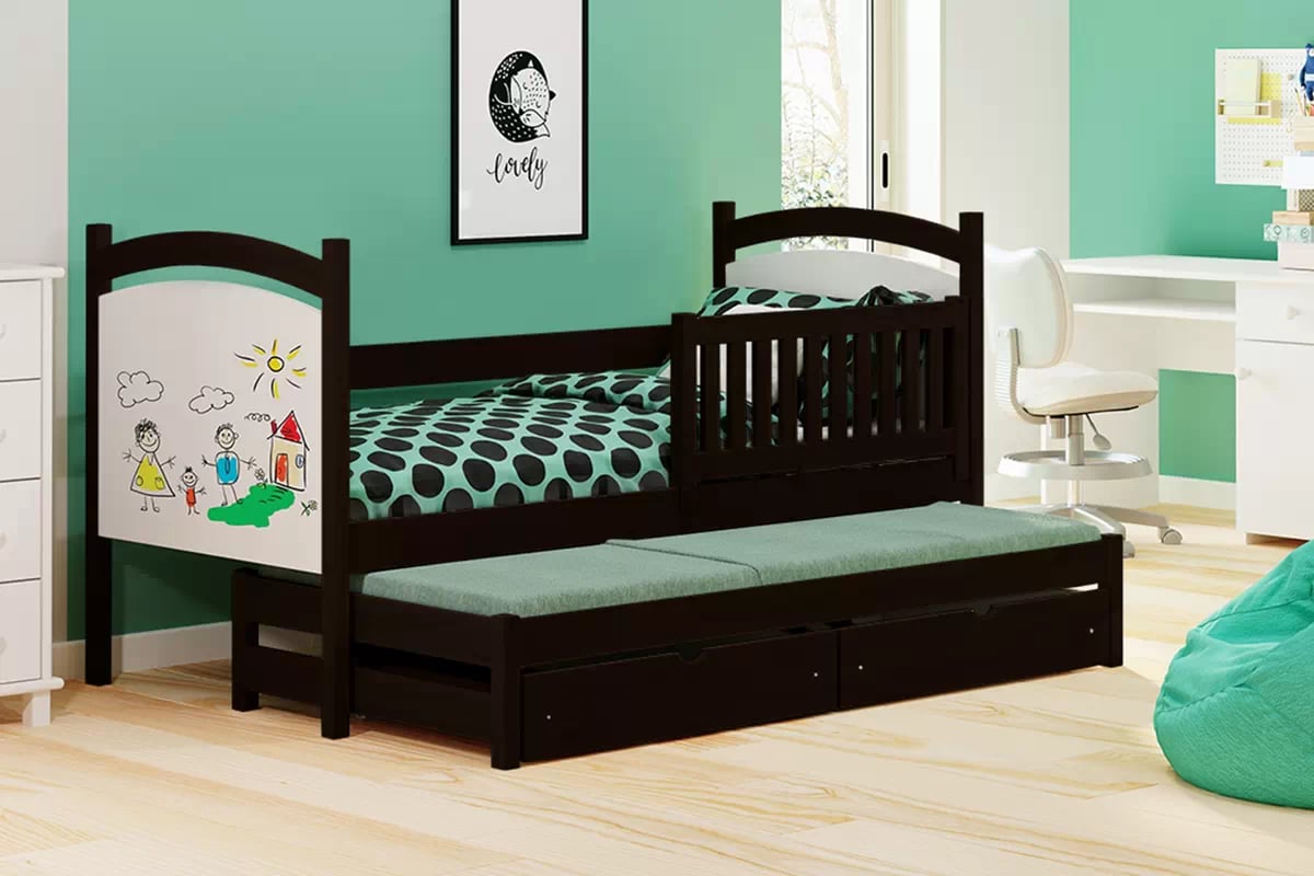 Posteľ Amely s prístelkou a tabuľou stierateľnou za sucha - 90x180 cm - čierna Posteľ prízemná výsuvna z tablica suchoscieralna Amely - 90x180 / Čierny