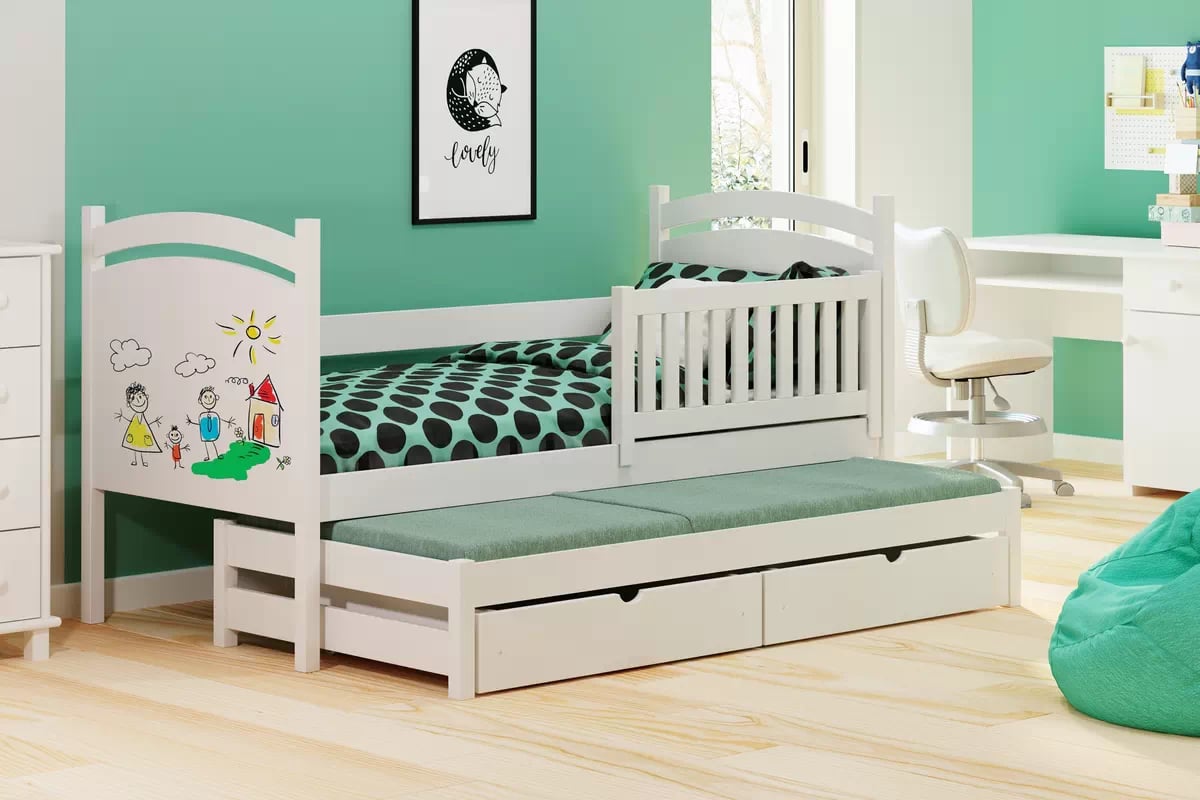 Posteľ Amely s prístelkou a tabuľou stierateľnou za sucha - 90x200 cm - biela Posteľ prízemná výsuvna z tablica suchoscieralna Amely - 90x200 / Biely