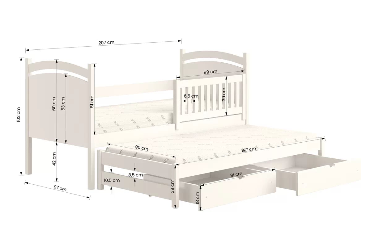 Posteľ Amely s prístelkou a tabuľou stierateľnou za sucha - 90x200 cm - biela Posteľ prízemná výsuvna z tablica suchoscieralna Amely - 90x200 / Biely