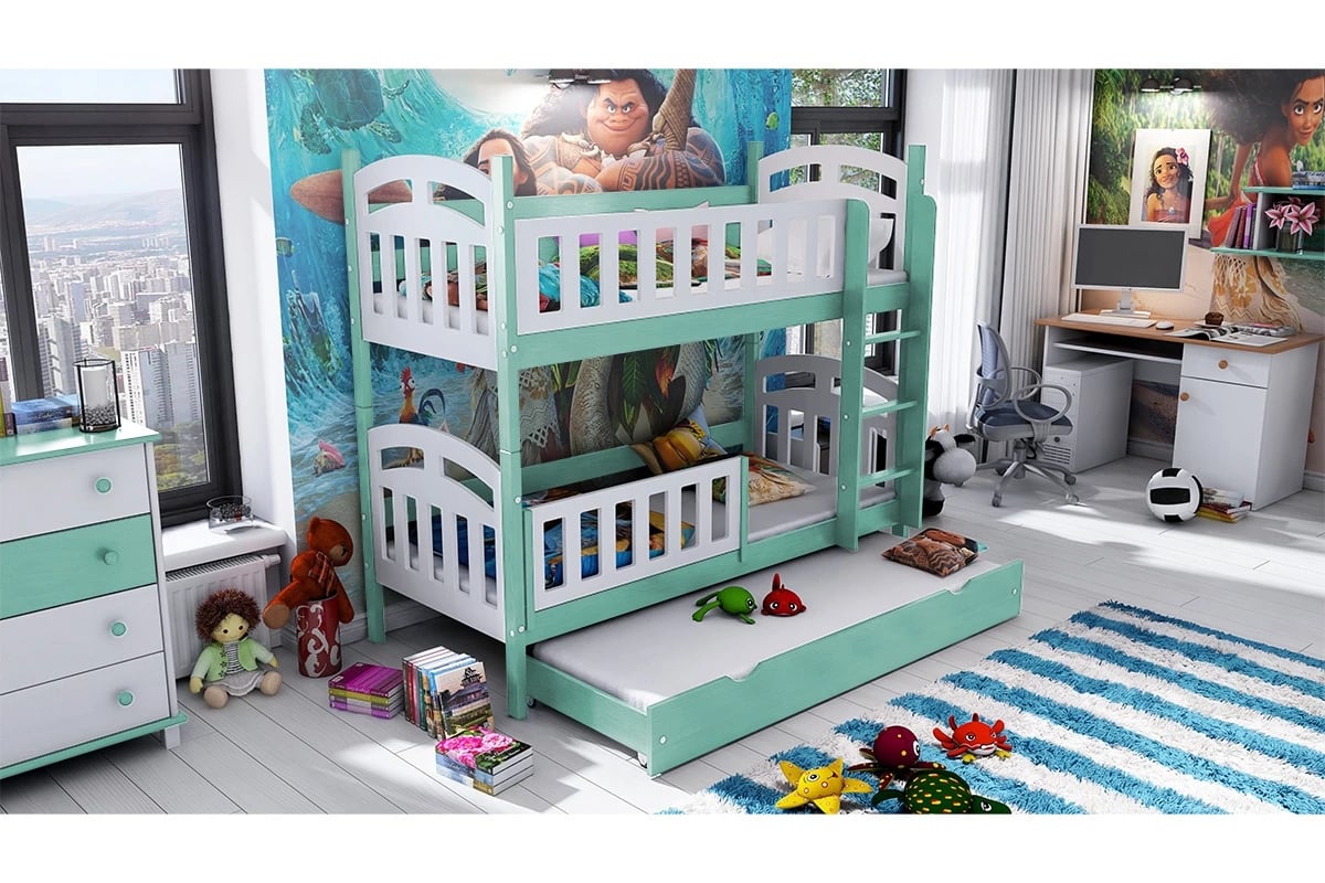 Patrová postel Nati pro 3 osoby se zásuvkou a funkcí rozkladu postel mátová