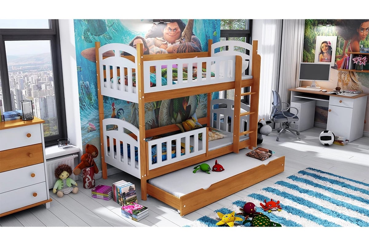 Patrová postel Nati pro 3 osoby se zásuvkou a funkcí rozkladu béžovýpečná postel patrová