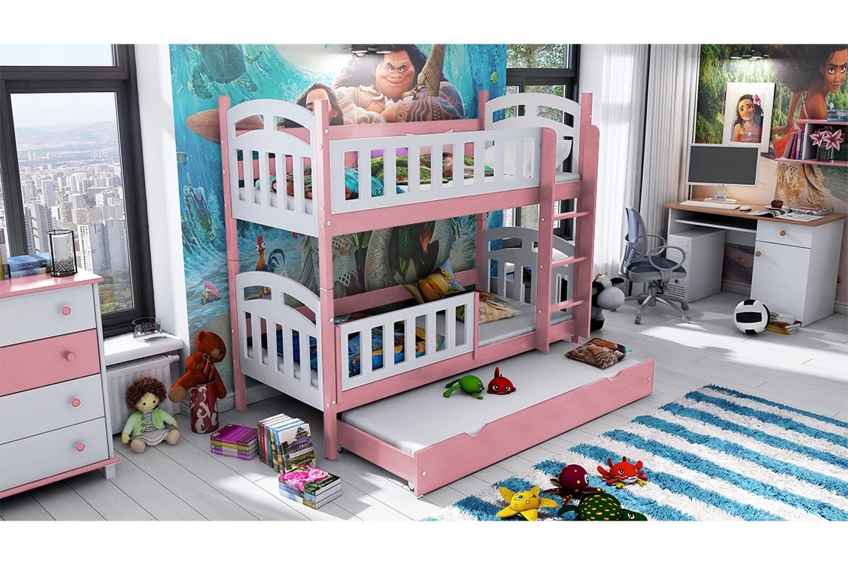 Patrová postel Nati pro 3 osoby se zásuvkou a funkcí rozkladu postel patrová se zábranami