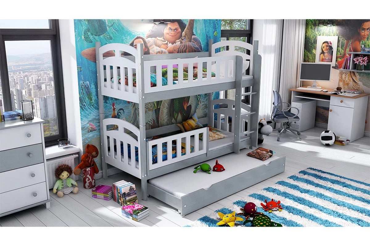 Patrová postel Nati pro 3 osoby se zásuvkou a funkcí rozkladu šedá postel patrová