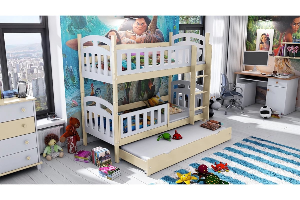 Patrová postel Nati pro 3 osoby se zásuvkou a funkcí rozkladu postel dřevěná v barevném odstínu vanilka