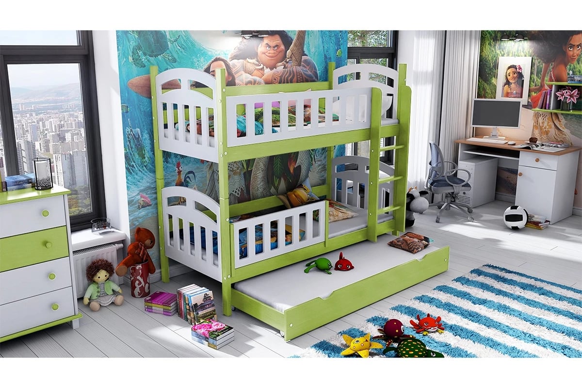 Patrová postel Nati pro 3 osoby se zásuvkou a funkcí rozkladu postel do sourozence