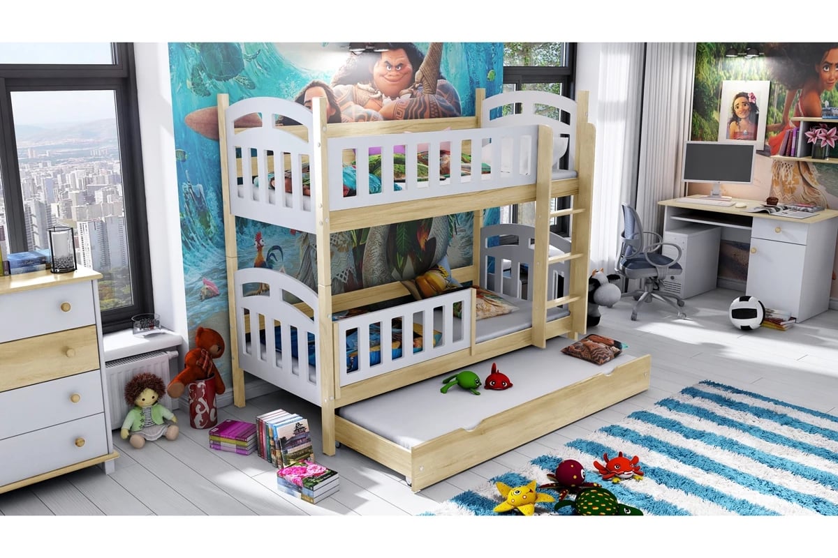 Patrová postel Nati pro 3 osoby se zásuvkou a funkcí rozkladu postel borovicová béžový suků se zásuvkou