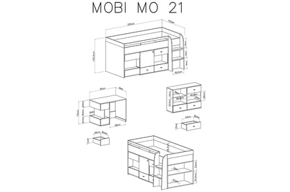 Patrová postel 90x200 Mobi MO21 s psacím stolem a skříňkami - bílá / tyrkysová postel patrová  90x200 s psacím stolem a skříňkami Mobi MO21 - Bílý / Tyrkysová - schemat