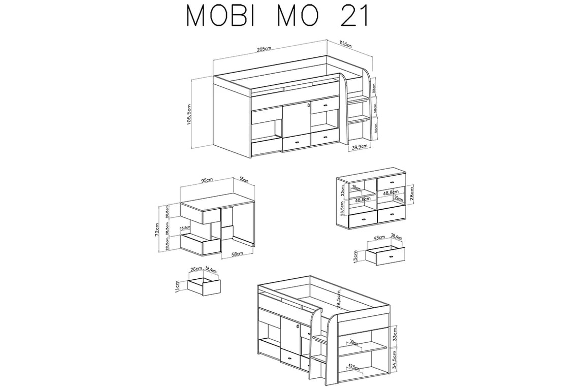 Patrová postel 90x200 Mobi MO21 s psacím stolem a skříňkami - bílá / tyrkysová postel patrová  90x200 s psacím stolem a skříňkami Mobi MO21 - Bílý / Tyrkysová - schemat