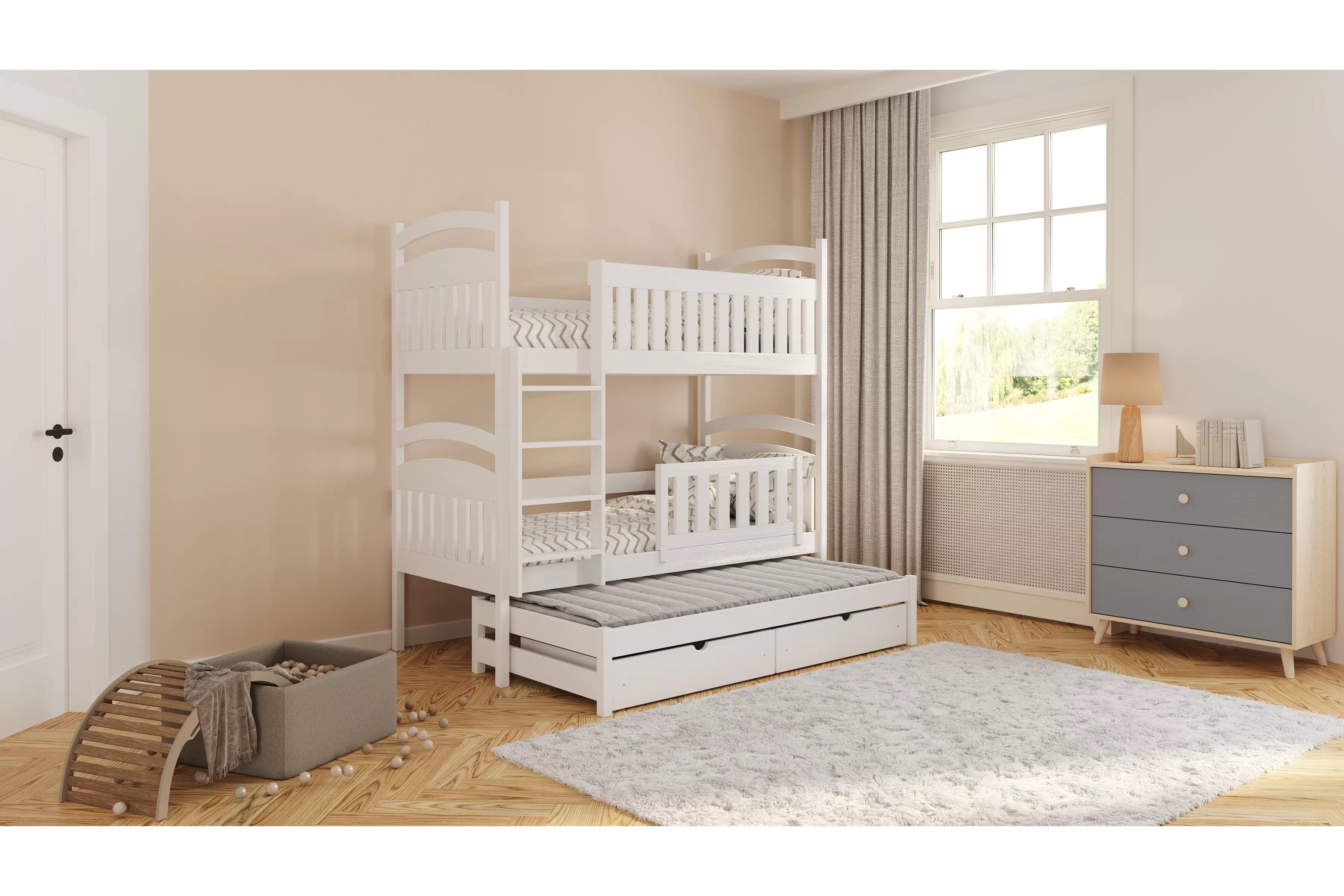 Dětská patrová výsuvná postel Amely 90x200 cm pro 3 děti - bílá Postel patrová  Amely 90x200 3-os výsuvná - bílá
