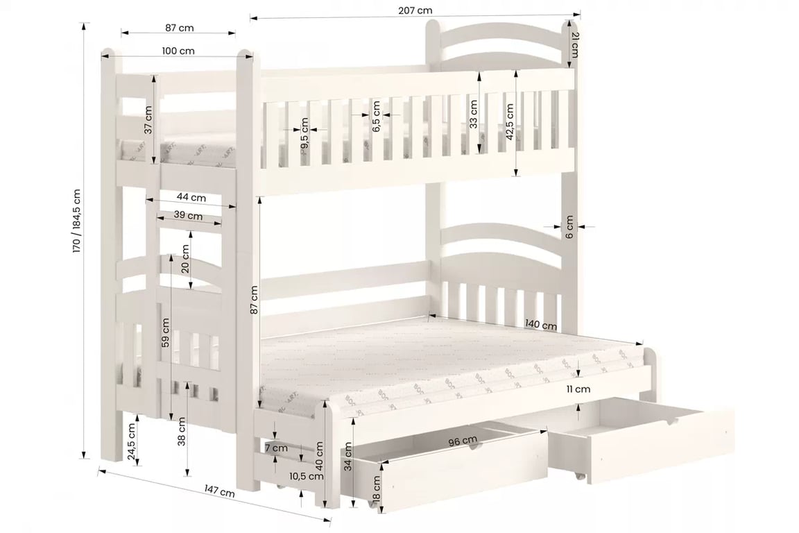 Poschodová posteľ Amely Maxi ľavá - 90x200/140x200 cm - biela Posteľ poschodová Amely Maxi ľavá strana - Rozmery