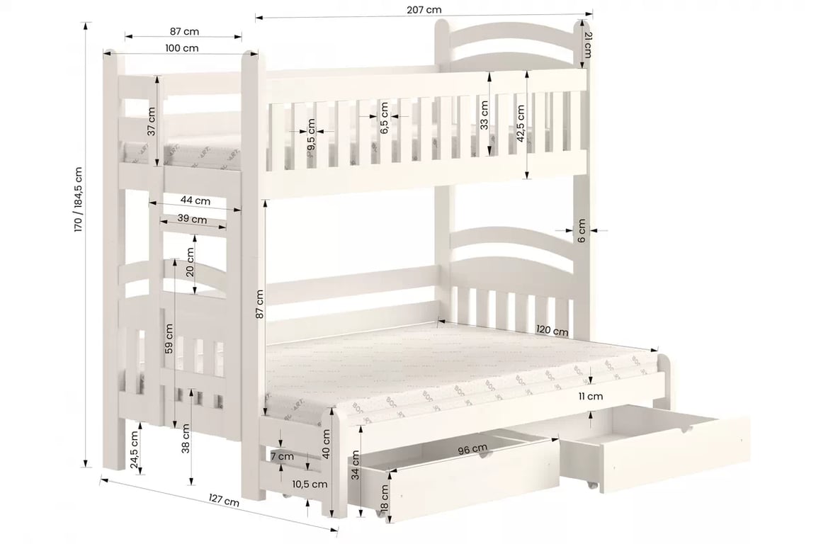 Detská poschodová posteľ Amely Maxi ľavá 90x200/120x200 cm - borovica Posteľ poschodová Amely Maxi ľavá strana - Rozmery