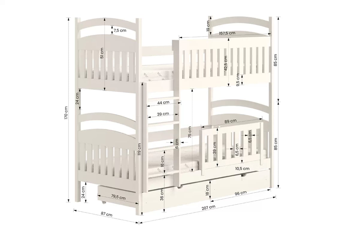 Detská poschodová posteľ Amely s zásuvkami 80x200 cm - biela Posteľ poschodová drevená Amely so zásuvkami - 80x200 / Biely 