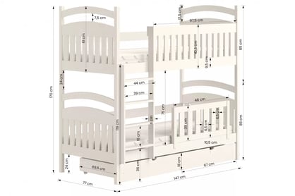 Amely 70x140 cm háromszemélyes emeletes ágy - fehér 