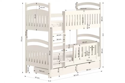 Amely 90x180 cm háromszemélyes emeletes ágy - fehér Emeletes ágy fából Amely - méretek