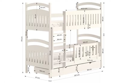 Poschodová posteľ Amely 90x200 cm so zásuvkami - biela Posteľ poschodová drevená Amely - Rozmery