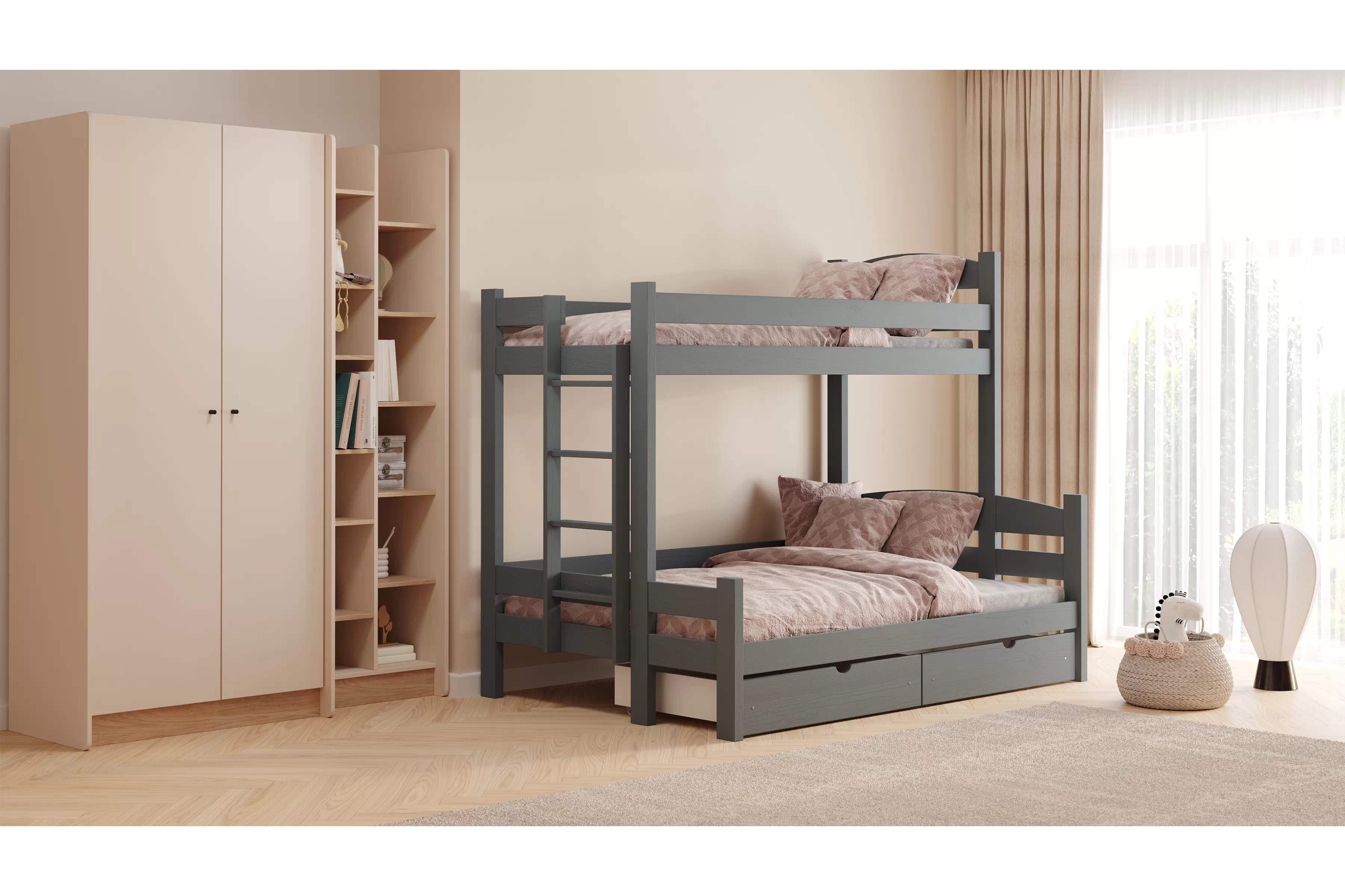 Poschodová posteľ Lovic so zásuvkami ľavá - grafit, 80x200/120x200 Posteľ poschodová Lovic 80x200/120x200 so zásuvkami ľavá strana - grafit