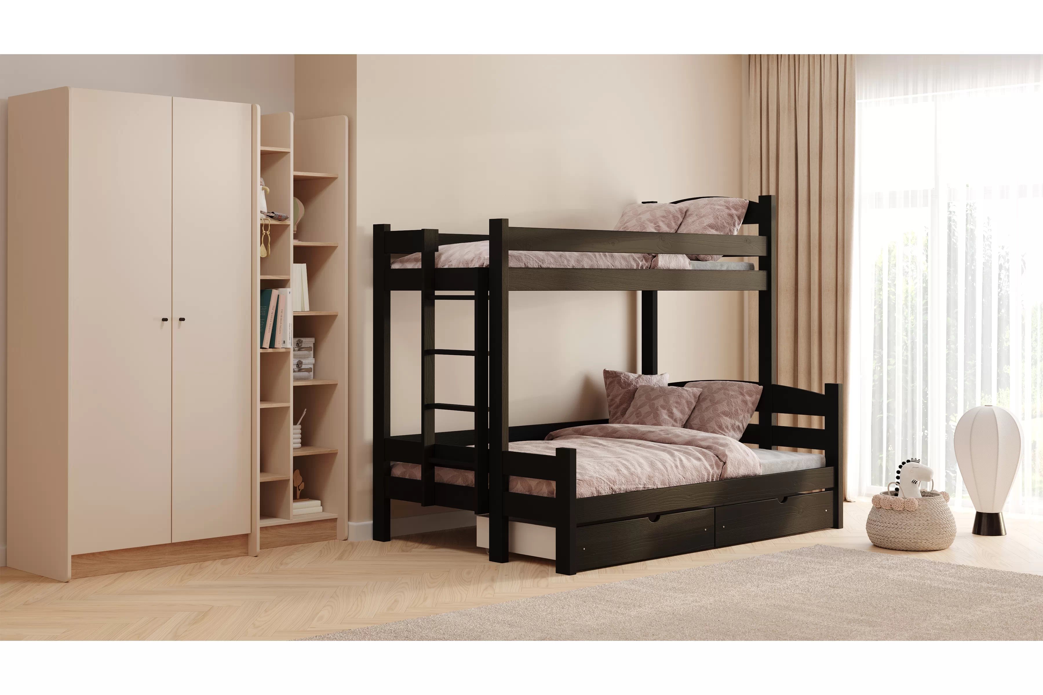 Poschodová posteľ Lovic so zásuvkami ľavá - 90x200/120x200 cm - čierna Posteľ poschodová Lovic 90x200/120x200 so zásuvkami ľavá strana - Čierny