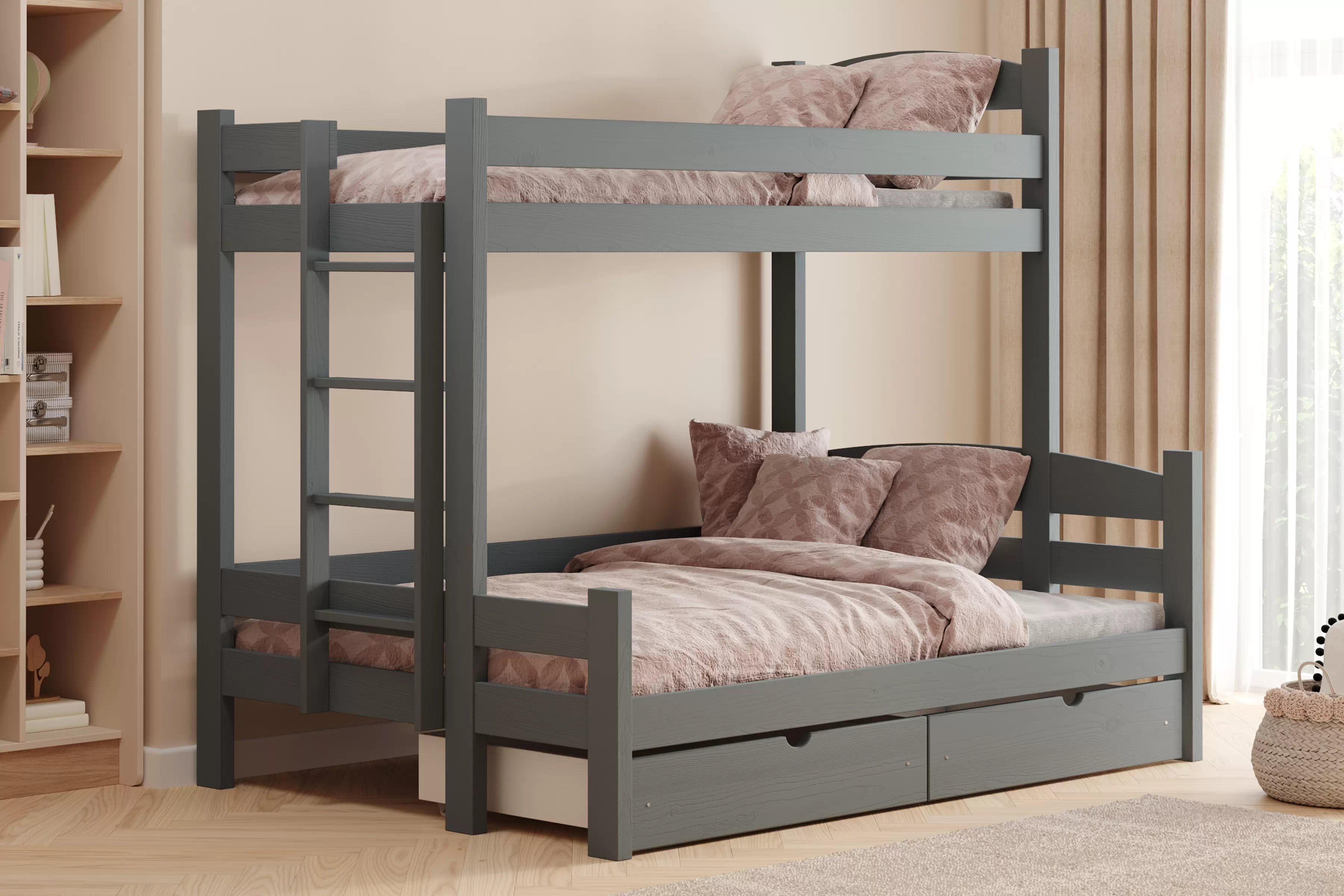 Patrová postel Lovic levá 90x200/120x200 cm - grafitová Postel patrová  Lovic 90x200/120x200 se zásuvkami levá - grafit