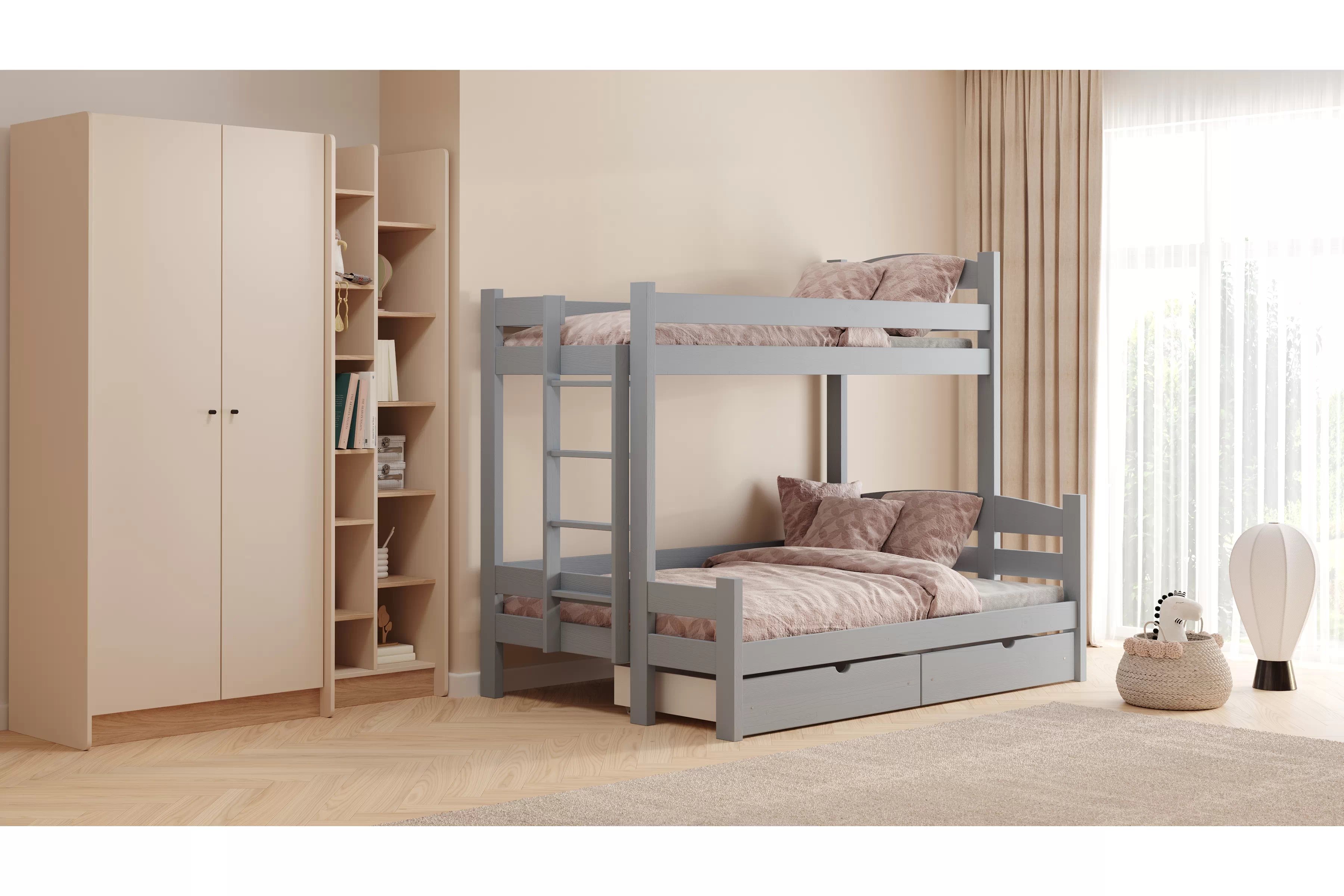 Poschodová posteľ Lovic so zásuvkami ľavá - šedý, 90x200/120x200 Posteľ poschodová Lovic 90x200/120x200 so zásuvkami ľavá strana - šedý