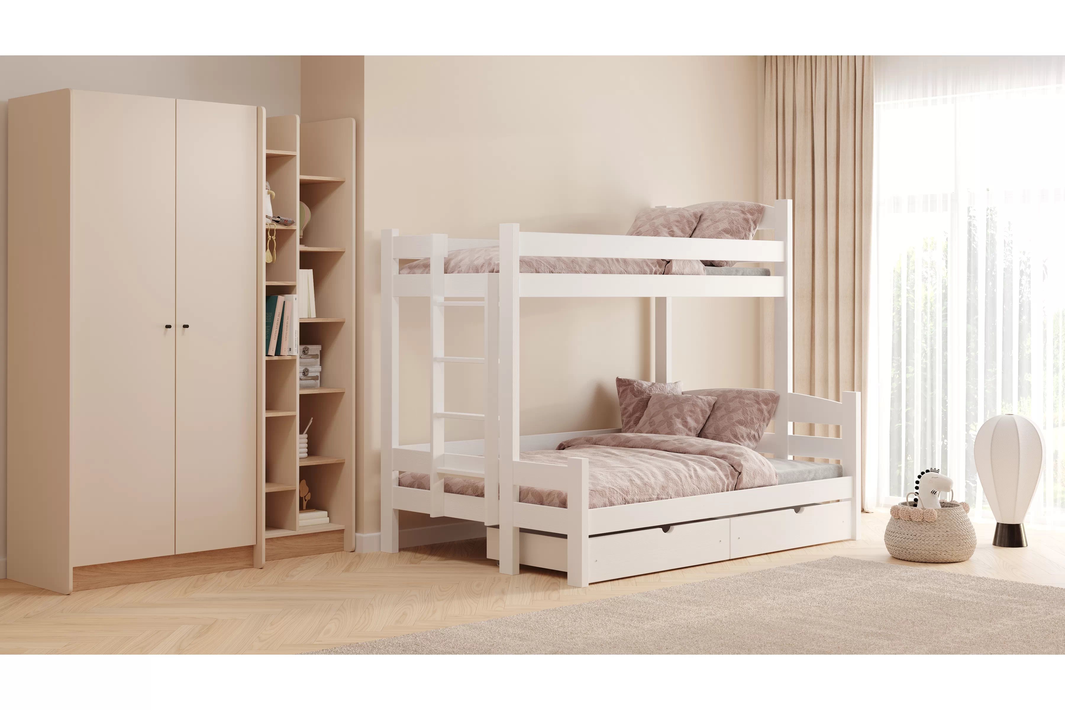 Poschodová posteľ Lovic ľavá - 90x200/140x200 cm - biela Posteľ poschodová Lovic 90x200/140x200 so zásuvkami ľavá strana - Biely