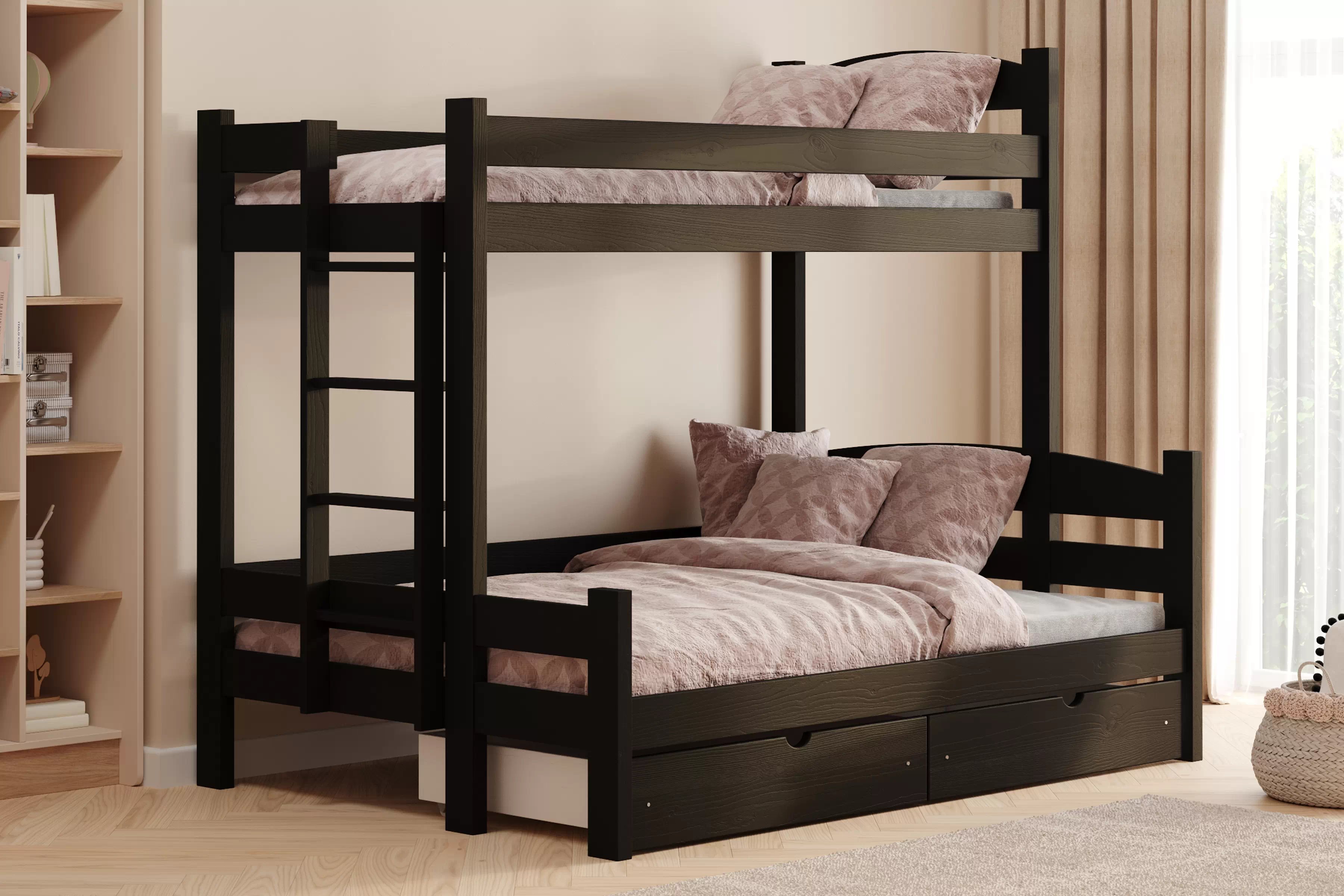 Patrová postel Lovic levá 90x200/140x200 cm - černá Postel patrová  Lovic 90x200/140x200 se zásuvkami levá - černá