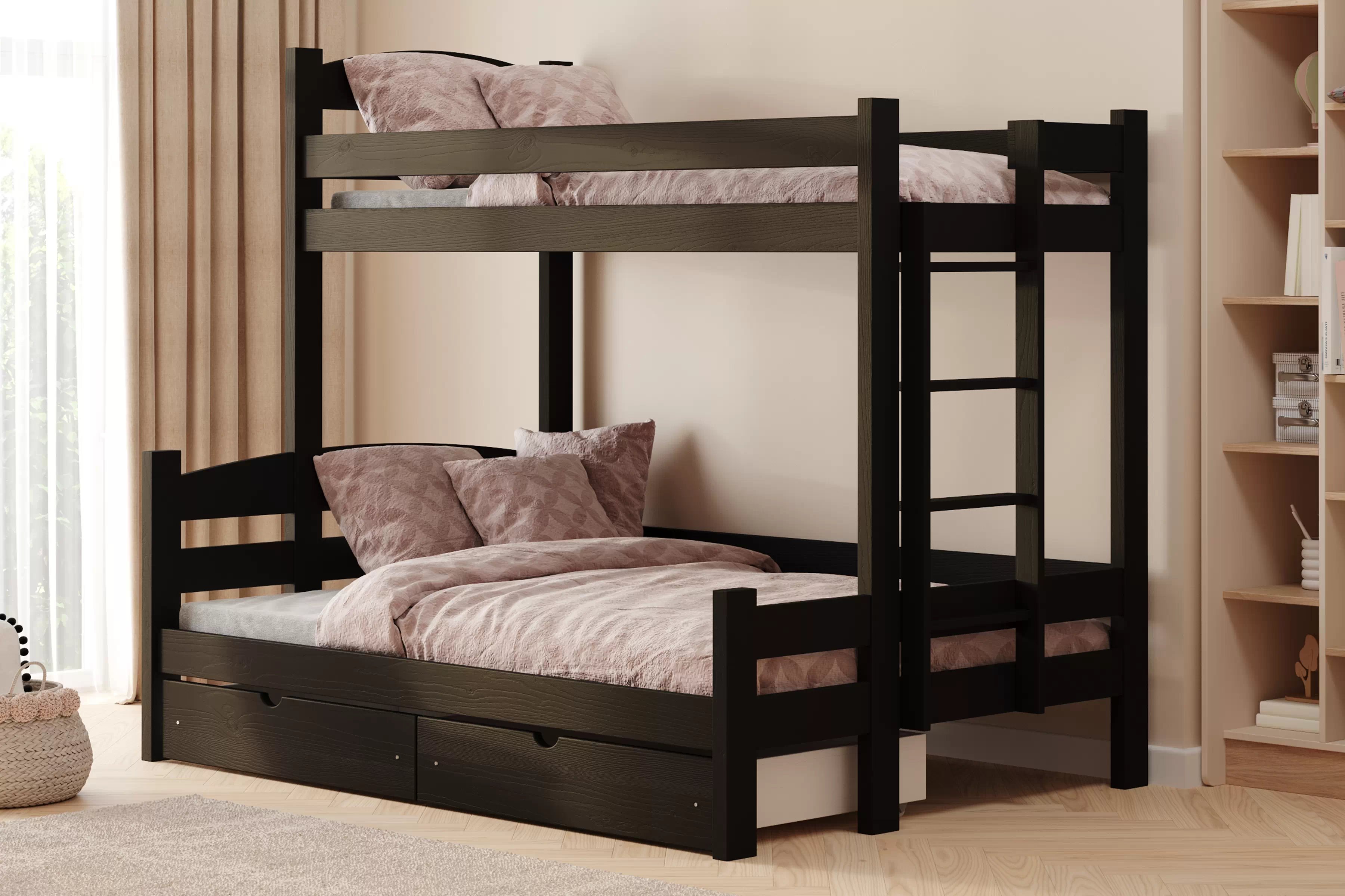 Patrová postel Lovic pravá 90x200/140x200 cm - černá Postel patrová  Lovic 90x200/140x200 se zásuvkami pravá - černá