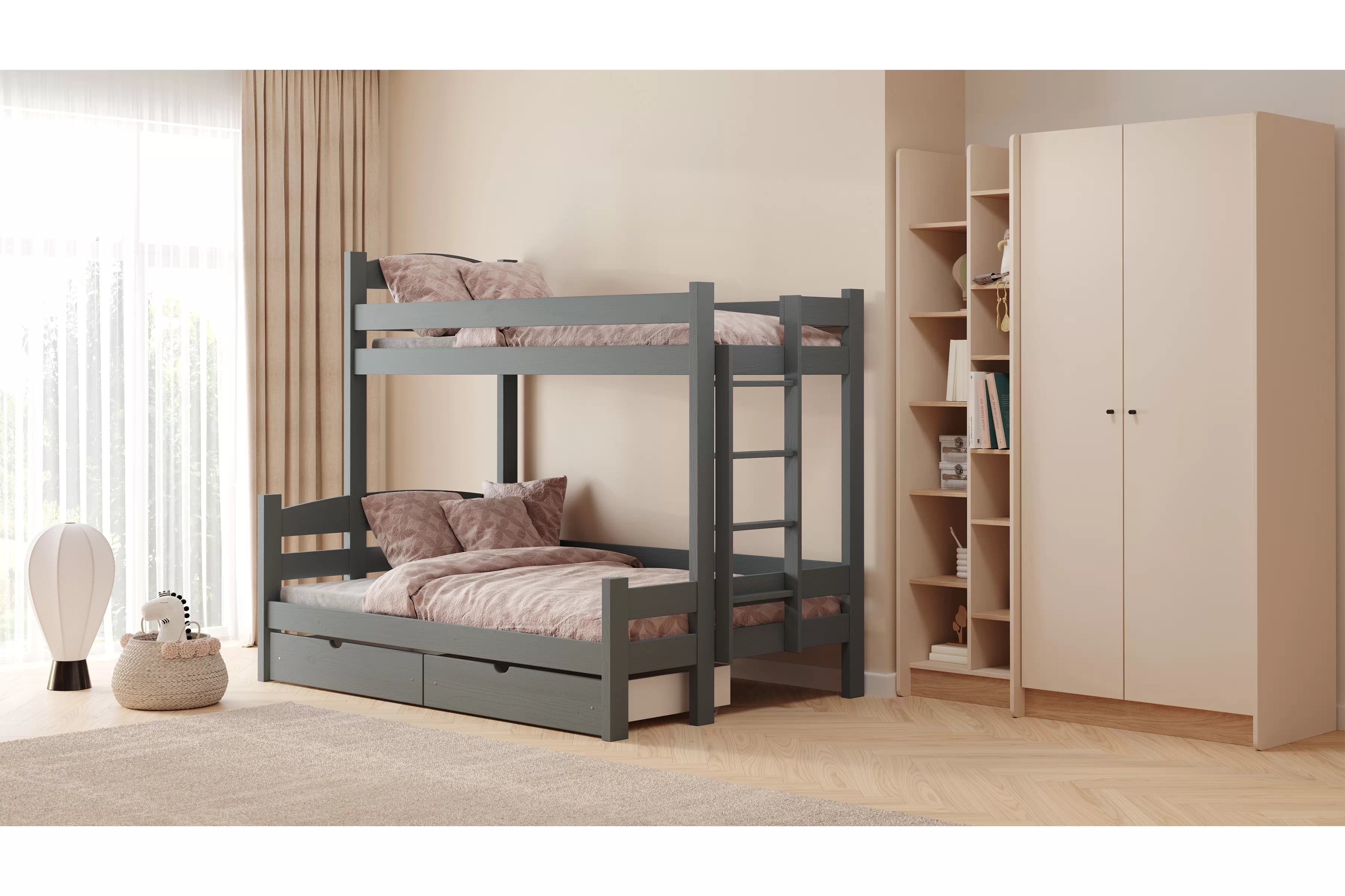 Poschodová posteľ Lovic so zásuvkami pravá - grafit, 90x200/140x200 Posteľ poschodová Lovic 90x200/140x200 so zásuvkami pravá strana - grafit