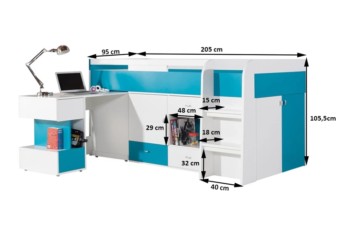Patrová postel 90x200 Mobi MO21 s psacím stolem a skříňkami - bílá / tyrkysová Postel patrová s psacím Stůlem a praktickými policemi do obývacího pokoje do mládež