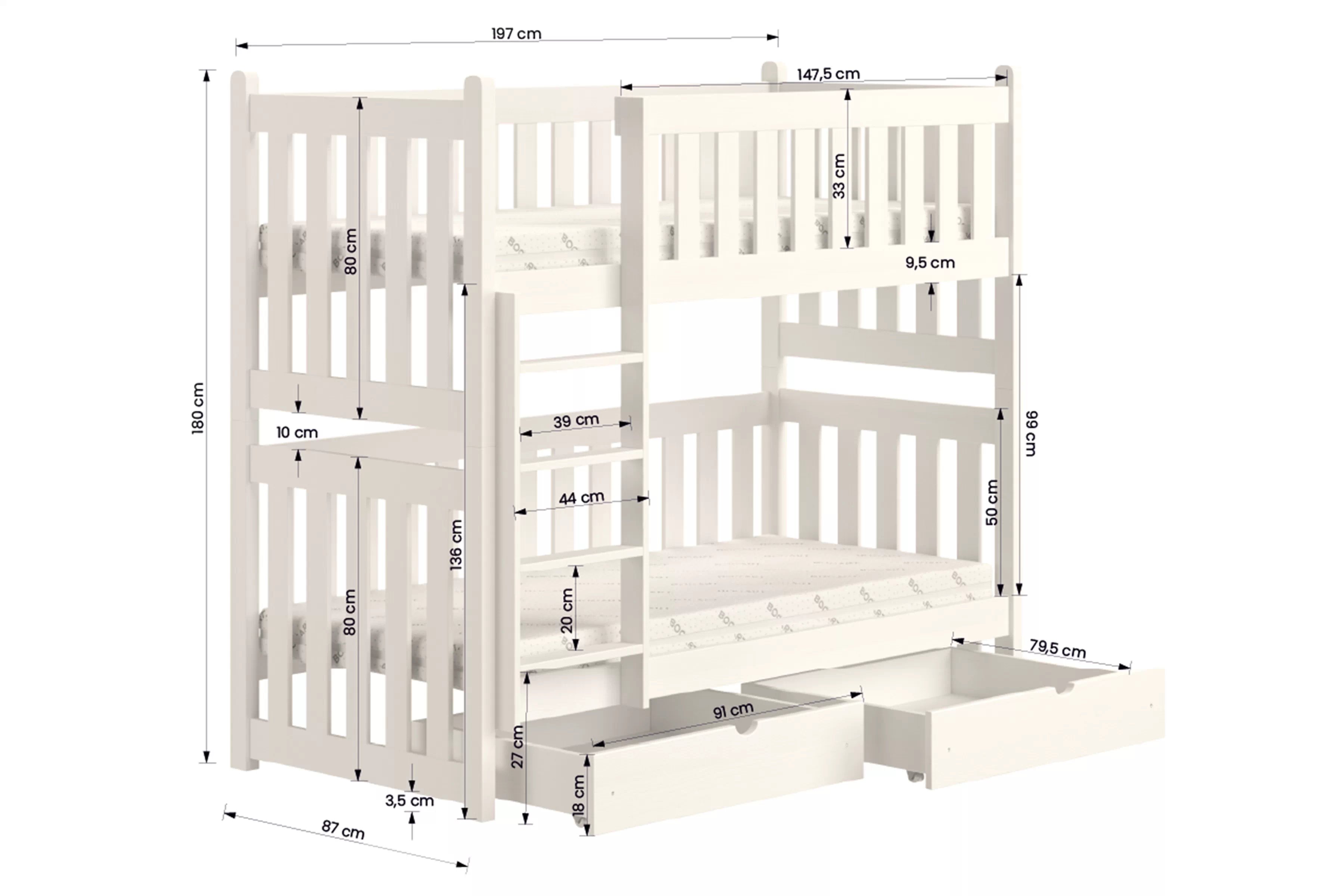 Poschodová posteľ s prístelkou Swen - borovica, 80x190 Posteľ poschodová Swen výsuvna - Borovica / 80x190