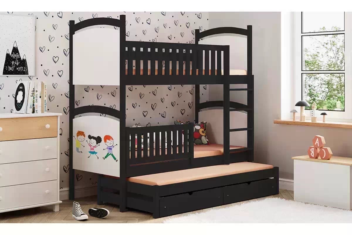 Poschodová posteľ s prístelkou s tabuľou Amely - Čierny, 80x190 Posteľ poschodová výsuvna z tablica suchoscieralna Amely - 80x190 / Čierny