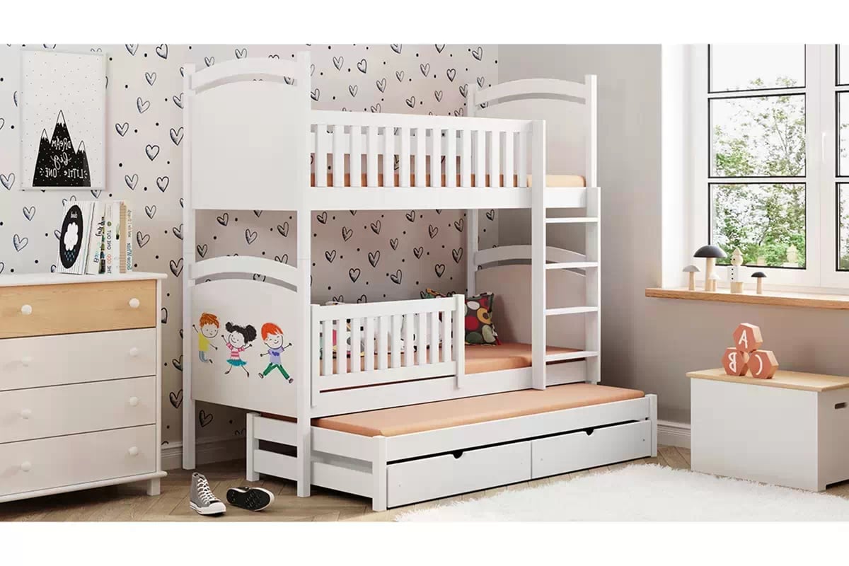 Poschodová posteľ s prístelkou s tabuľou Amely - biely, 80x180 Posteľ poschodová výsuvna z tablica suchoscieralna Amely - 80x180 / Biely
