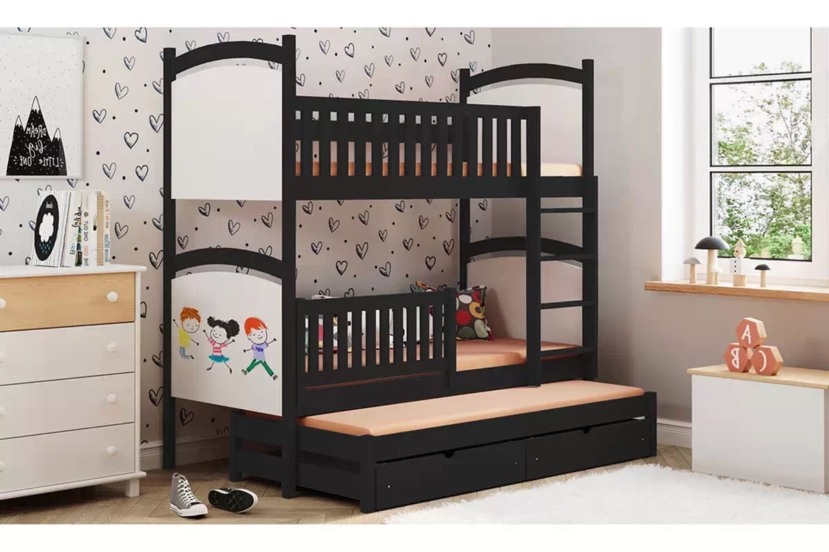 Poschodová posteľ s prístelkou s tabuľou Amely - Čierny, 90x190 Posteľ poschodová výsuvna z tablica suchoscieralna Amely - 90x190 / Čierny