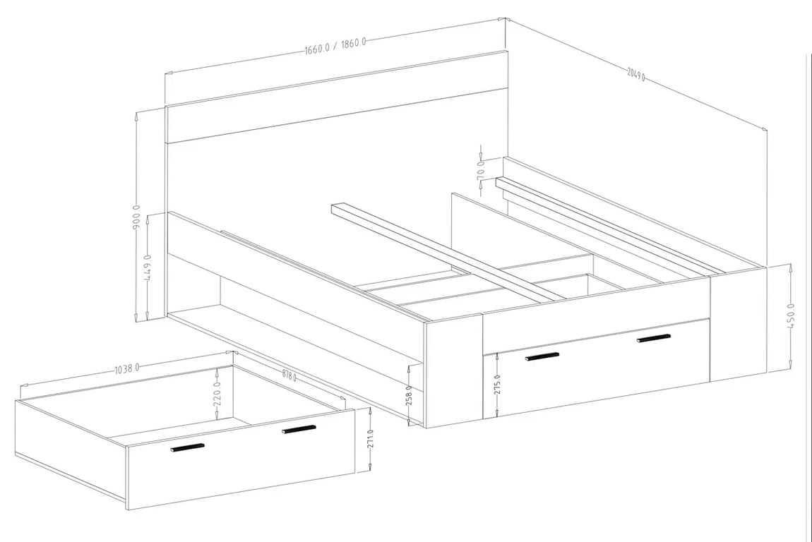 Postel pro ložnice Beta 92 se zásuvkami 180x200 - dub monastery / černá Postel pro ložnice Beta 92 se zásuvkami 180x200 - dub monastery / černá