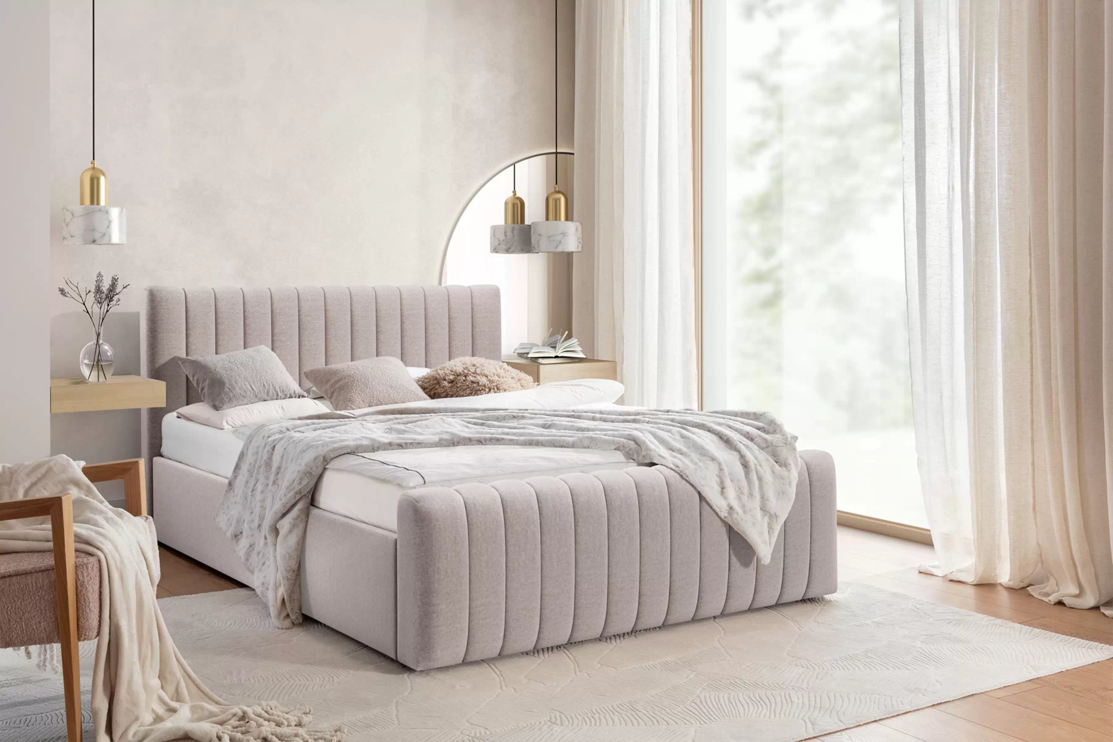 Manželská posteľ Nicole 180x200 s úložným priestorom - béžová ľahkočistiteľná látka Maya 01 Posteľ do  spálňa  Nicole 180x200 S vnútorným úložným priestorom- Béžová ľahkočistiaca Maya 01