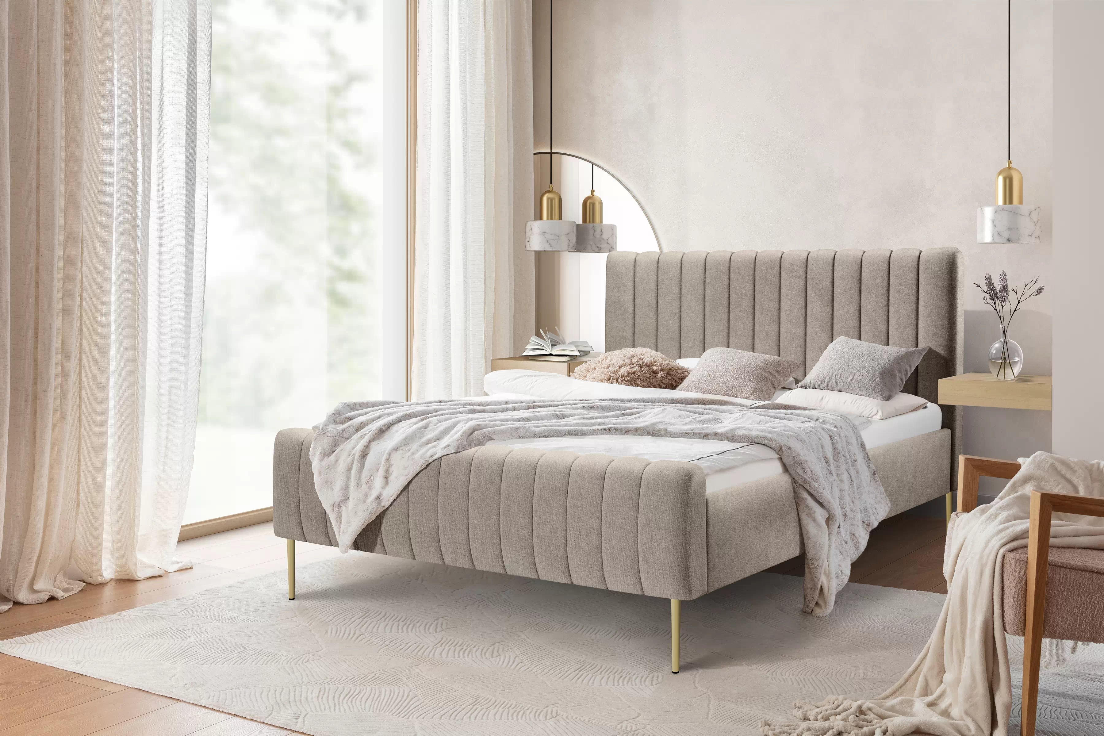 Čalúnená posteľ Nicole 160x200 - béžový zamat Vogue 2 / zlaté nožičky - Koncovka Série Posteľ do  spálňa  Nicole 160x200 - béžový zamat Vogue 2 / nožičky zlote - Koncovka Série