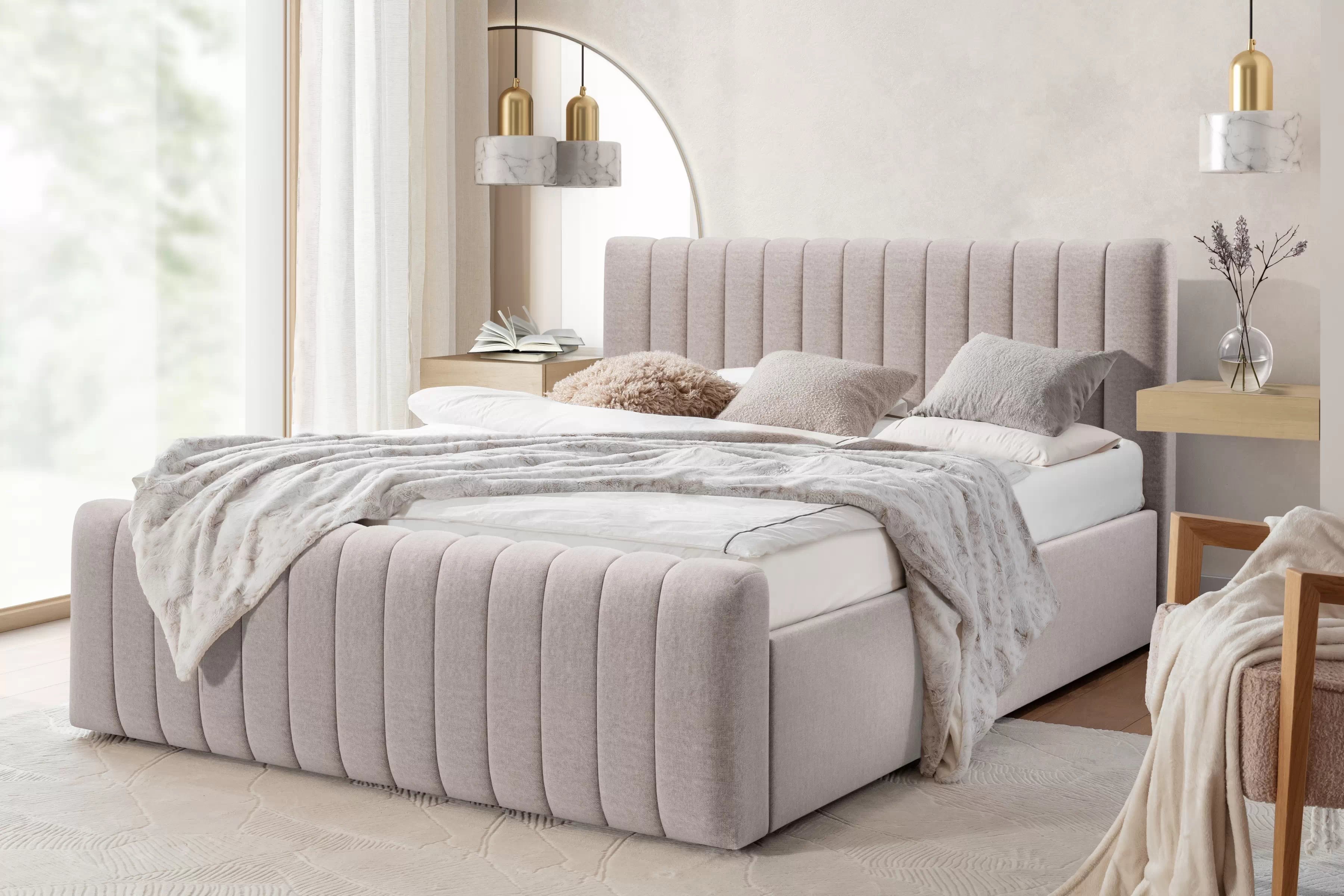 Manželská posteľ Nicole 180x200 s úložným priestorom - béžová ľahkočistiteľná látka Maya 01 Posteľ do  spálňa  Nicole 180x200 S vnútorným úložným priestorom- Béžová látka ľahkočistiaca Maya 01