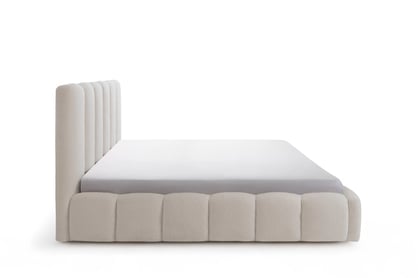Čalúnená posteľ Aura 160x200 s úložným priestorom - béžová bouclé Quelle 03 Posteľ čalúnená Aura 160x200 S vnútorným úložným priestorom- Béžová bukla Quelle 03