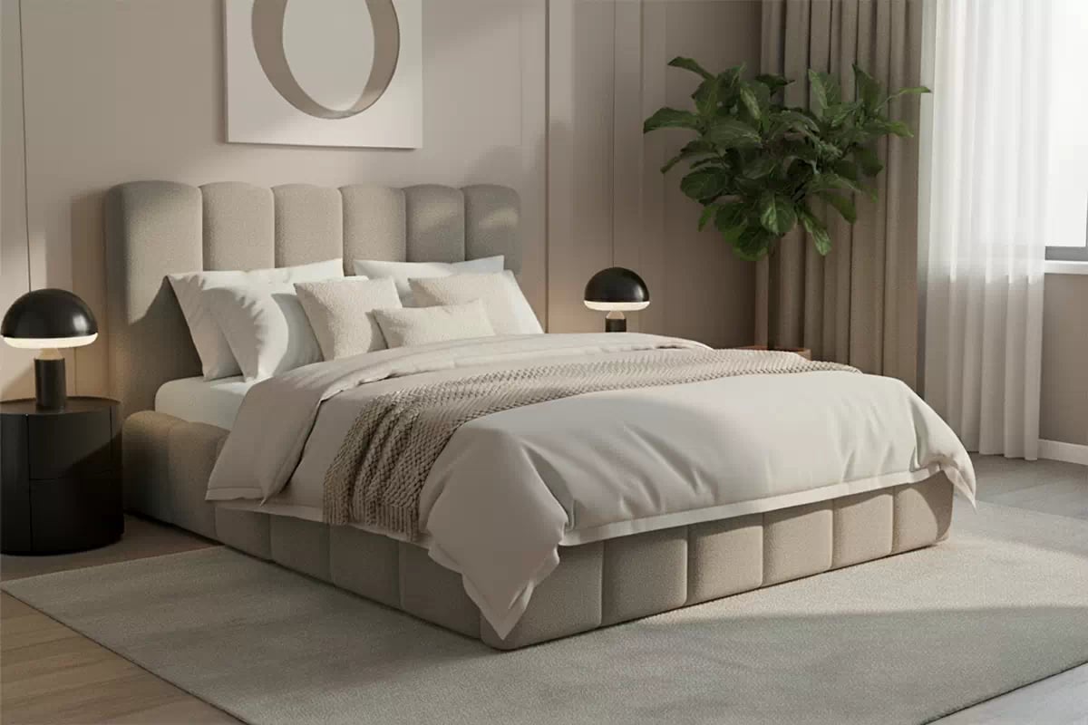 Čalúnená posteľ Aura 160x200 s úložným priestorom - béžová bouclé Quelle 03 Posteľ čalúnená Aura 160x200 S vnútorným úložným priestorom- Béžová bukla Quelle 03