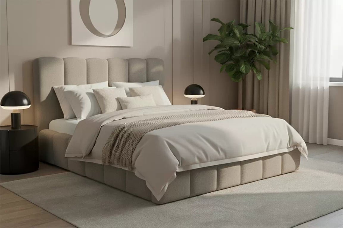 Čalouněná postel Aura 160x200 s úložným prostorem - béžová buklé Quelle 05 Postel čalouněné Aura 160x200 s úložným prostorem- béžová bukla Quelle 05